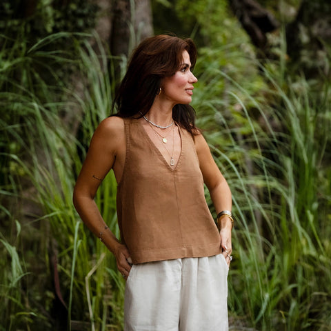 Linen Wide Strap Cross Back Tank Top
