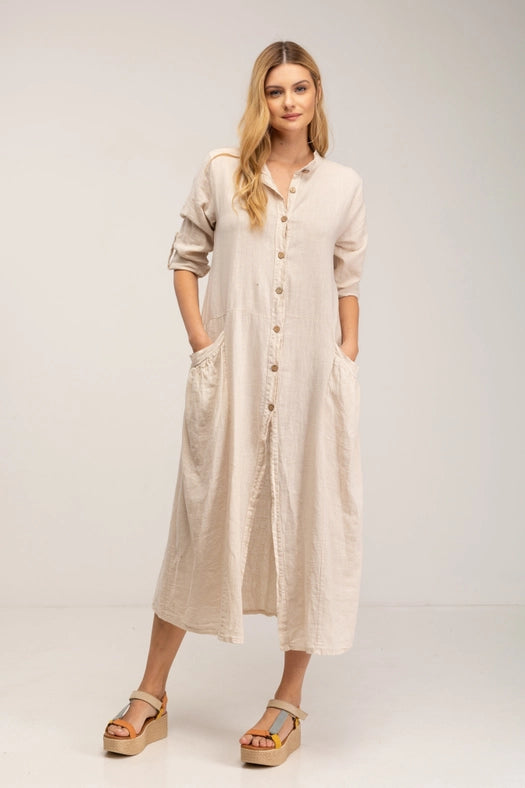 Linen maxi shirt dress-Dress-Tantra-S-BEIGE-Urbanheer