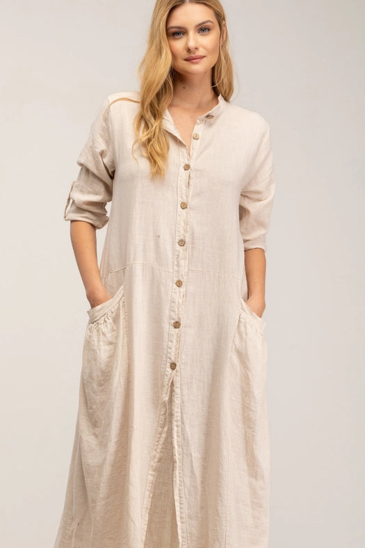 Linen maxi shirt dress-Dress-Tantra-S-BEIGE-Urbanheer