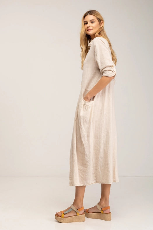 Linen maxi shirt dress-Dress-Tantra-S-BEIGE-Urbanheer