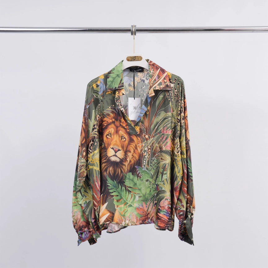 Lion Printed Satin Viscose Tunic-Tunic-Cecile Wang-Beige-Urbanheer
