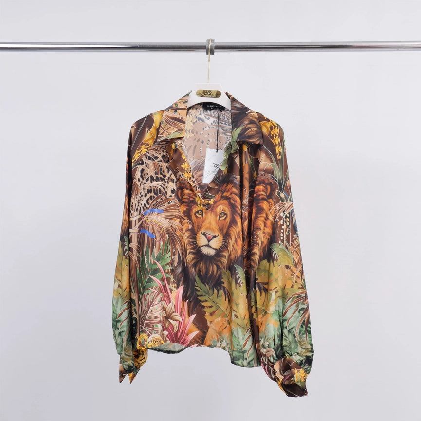 Lion Printed Satin Viscose Tunic-Tunic-Cecile Wang-Brown-Urbanheer