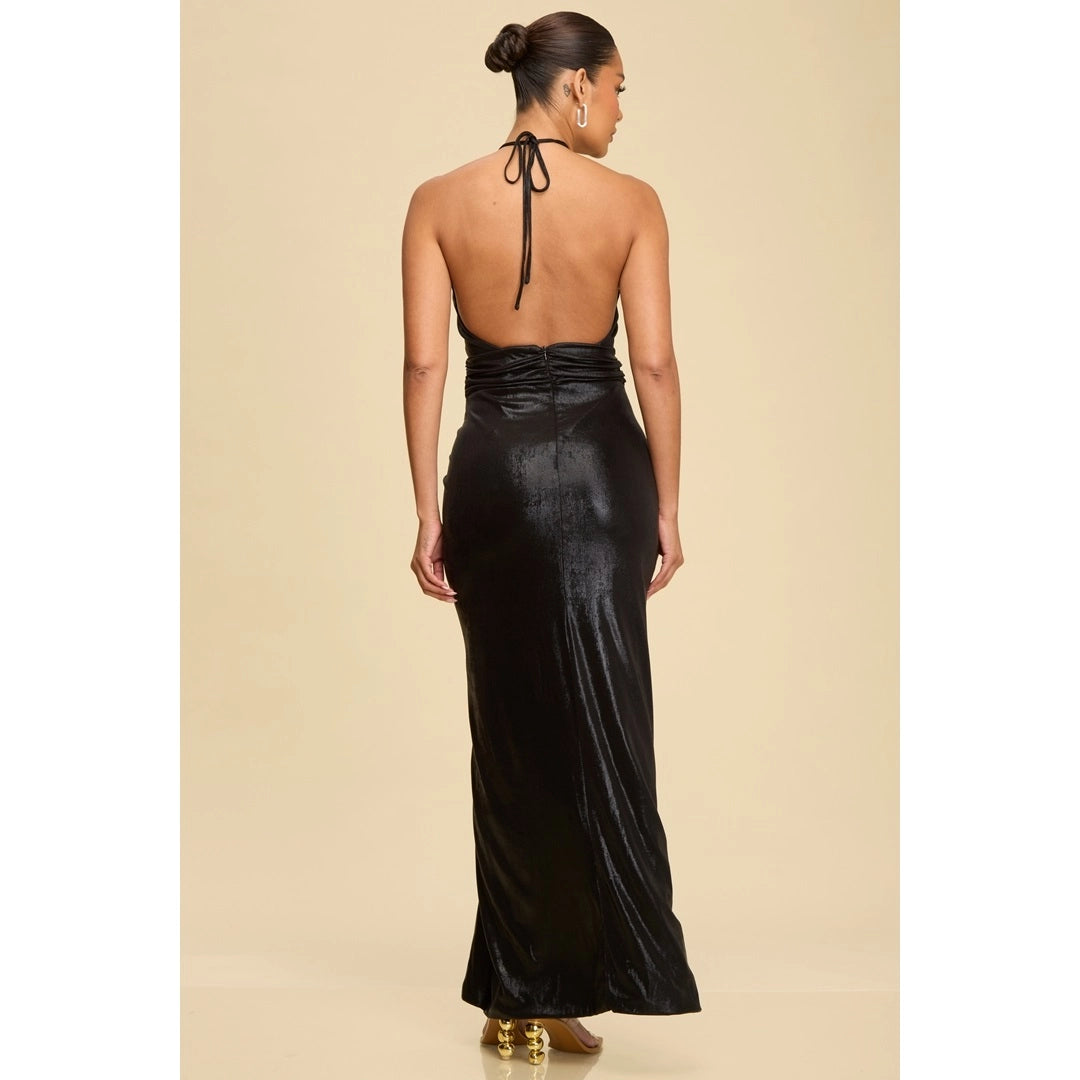 Liquid Metal Halter Maxi Dress in Black