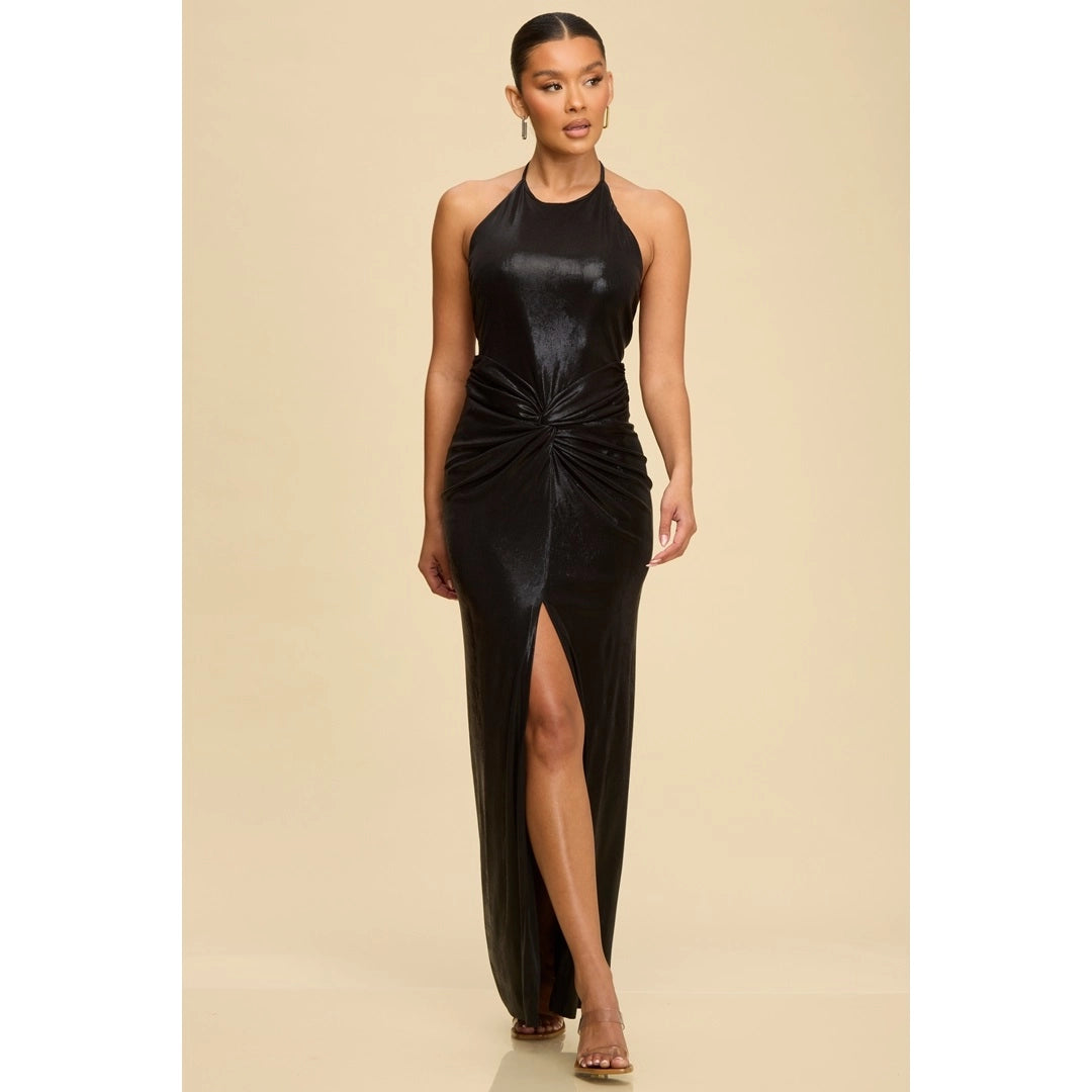 Liquid Metal Halter Maxi Dress in Black
