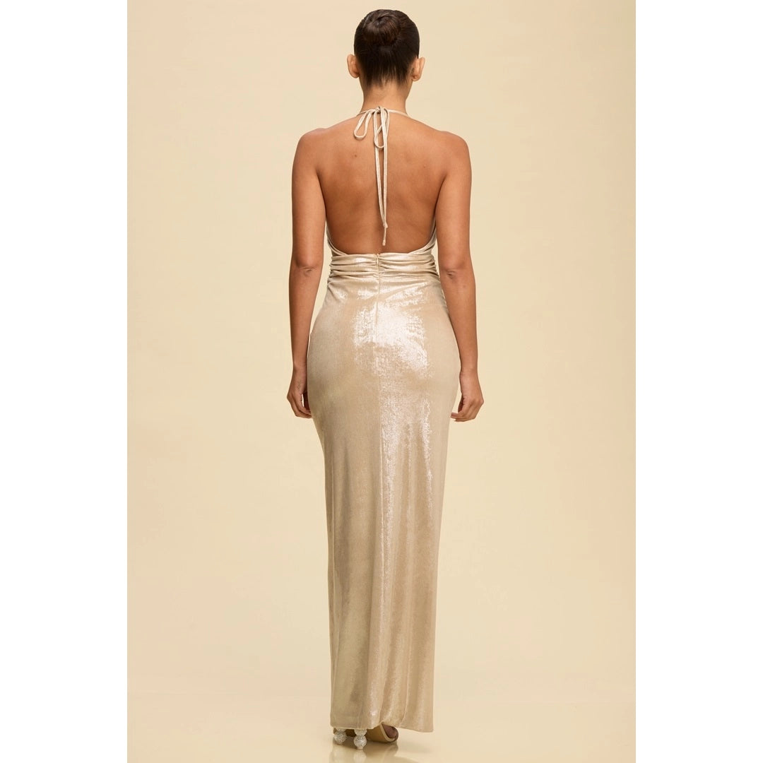 Liquid Metal Halter Maxi Dress in Champagne