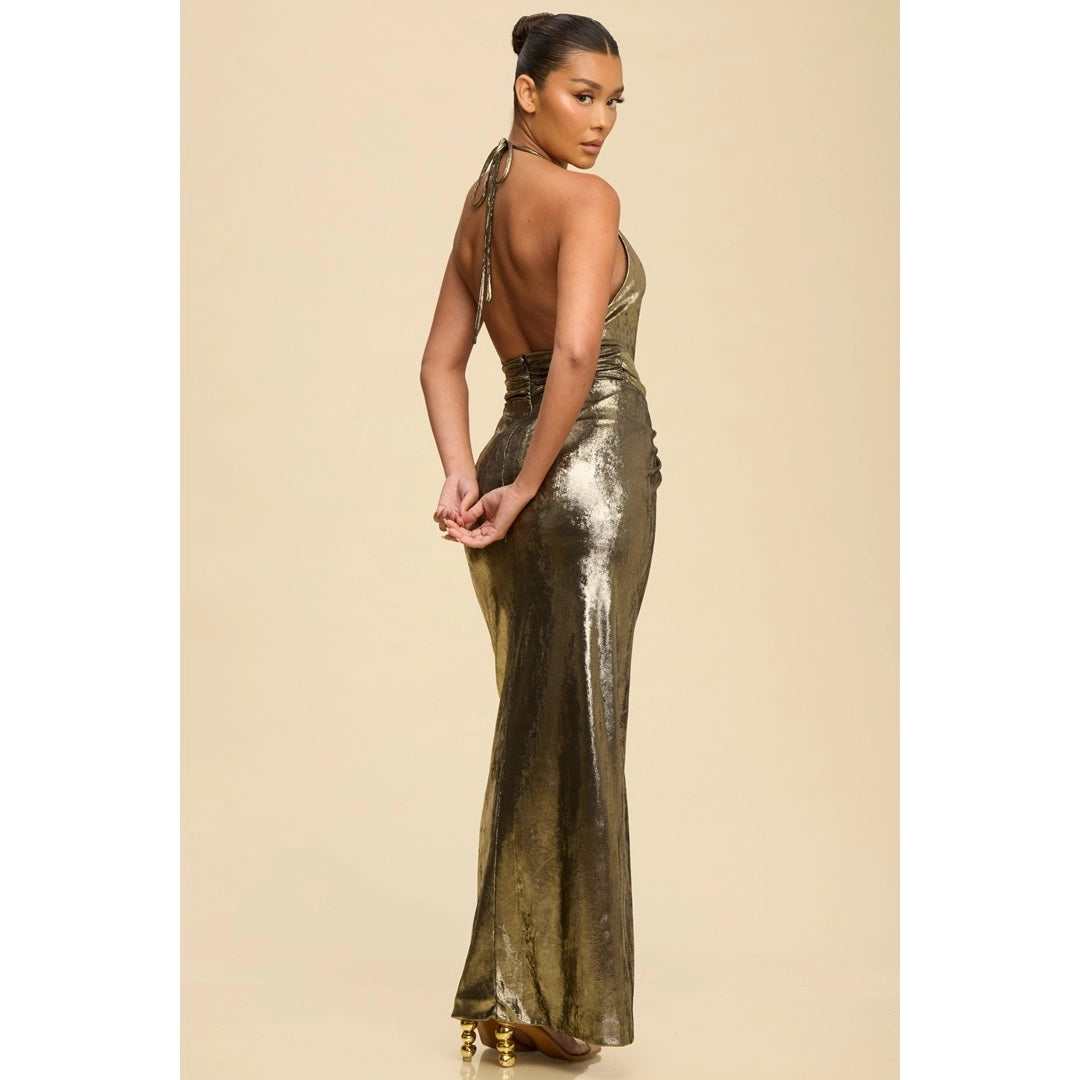 Liquid Metal Halter Maxi Dress in Gold