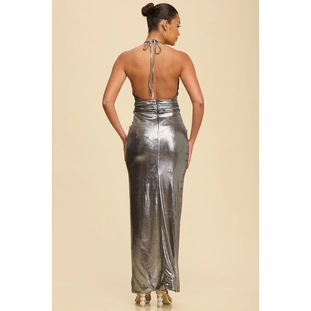 Liquid Metal Halter Maxi Dress in Gold in Silver