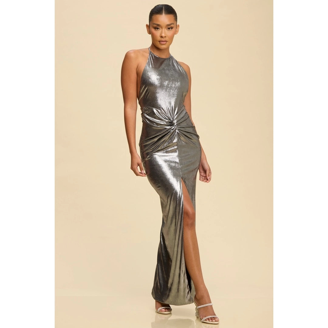 Liquid Metal Halter Maxi Dress in Gold in Silver