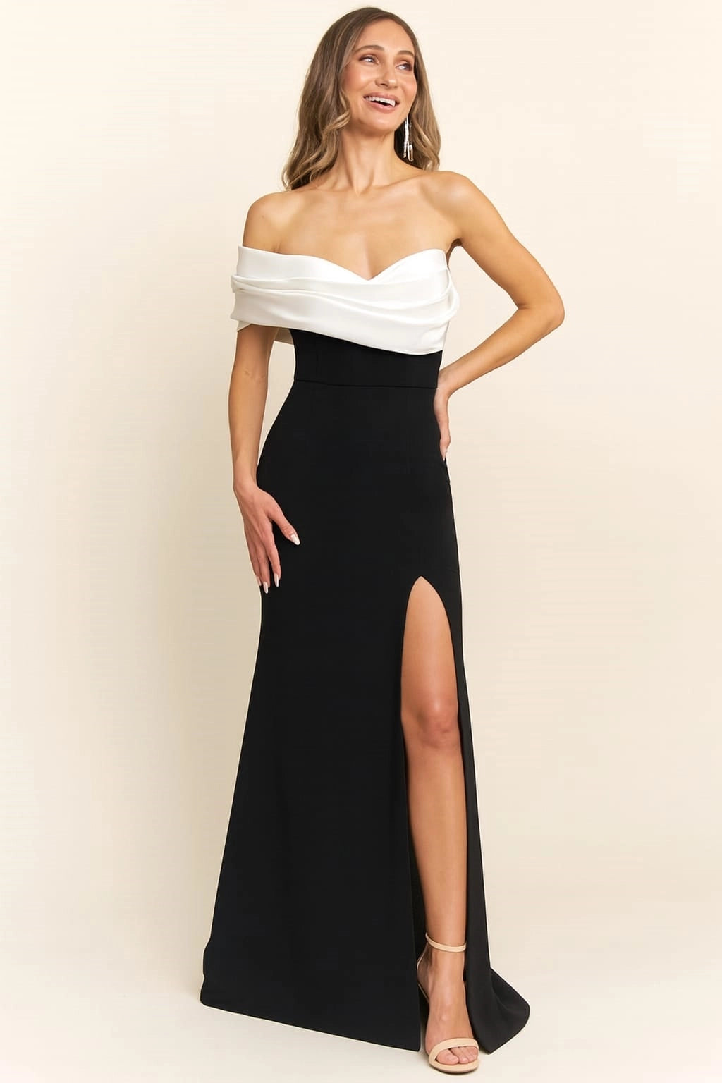 Liquid Satin Off Shoulder Detail Slit Maxi Dress