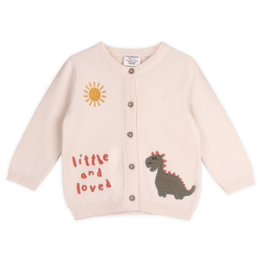 Little & Loved Dino Applique Baby Cardigan-Cardigan-Viverano Organics-0-3M-Natural-Urbanheer