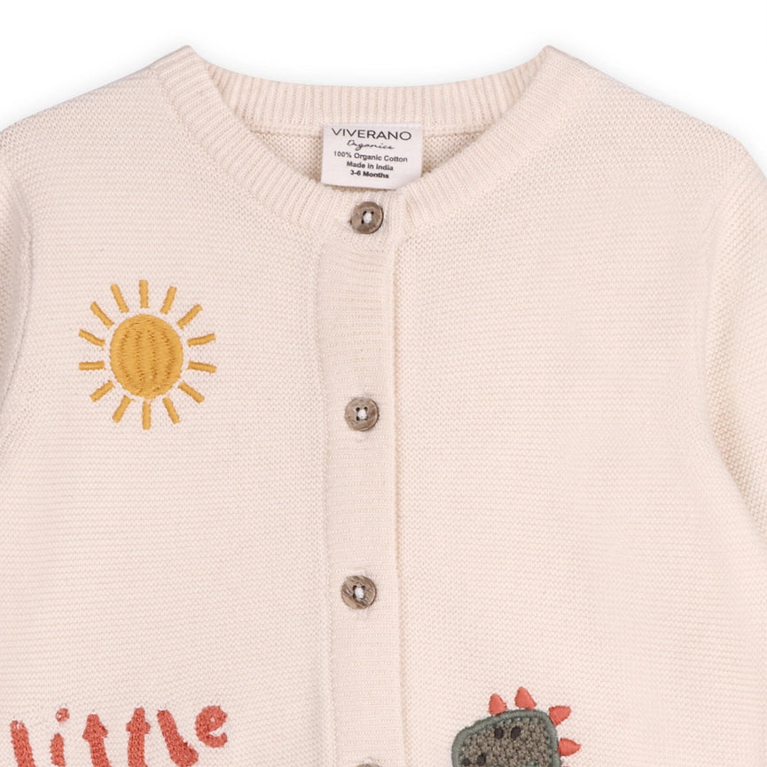 Little & Loved Dino Applique Baby Cardigan-Cardigan-Viverano Organics-0-3M-Natural-Urbanheer