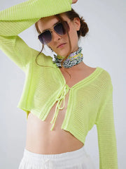 Long Bell Sleeve Knitted Cardigan in Lime Green with Knot Detail-Cardigan-Q2-One Size-Green-Urbanheer