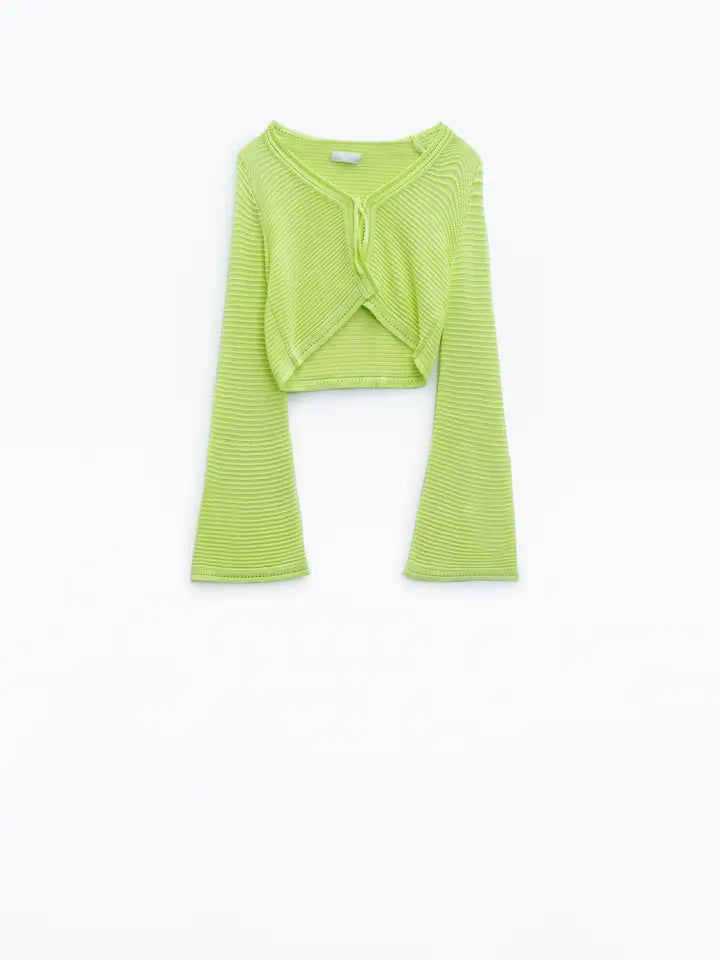 Long Bell Sleeve Knitted Cardigan in Lime Green with Knot Detail-Cardigan-Q2-One Size-Green-Urbanheer