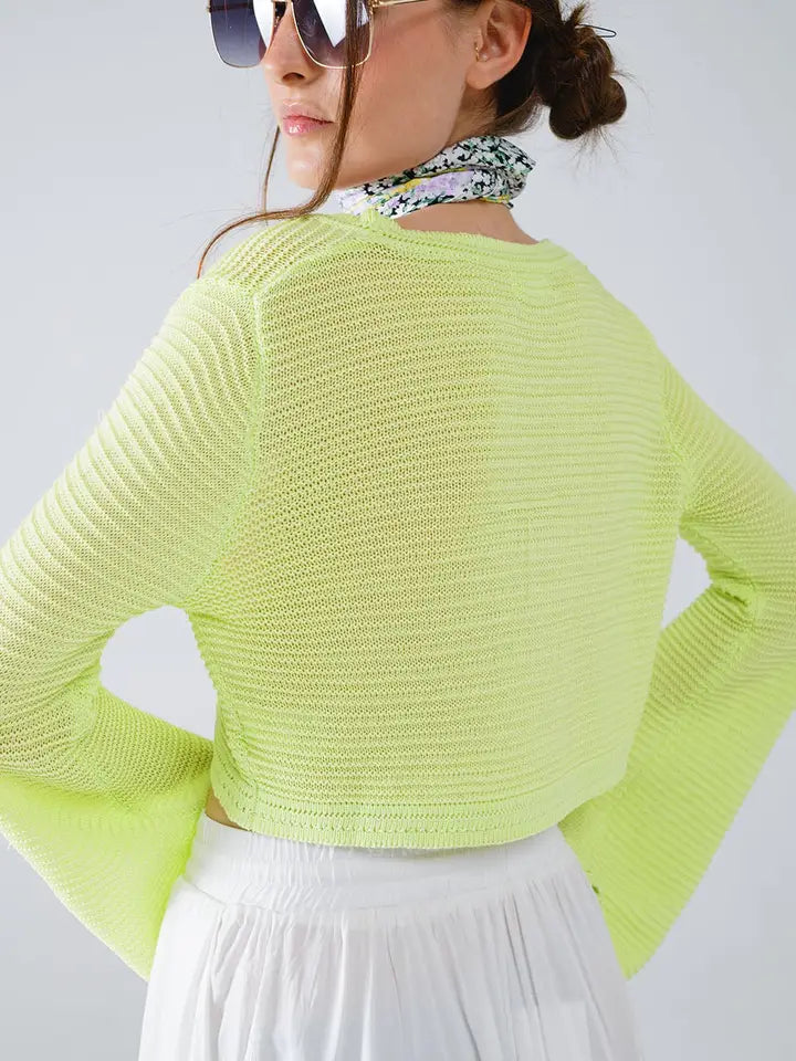 Long Bell Sleeve Knitted Cardigan in Lime Green with Knot Detail-Cardigan-Q2-One Size-Green-Urbanheer