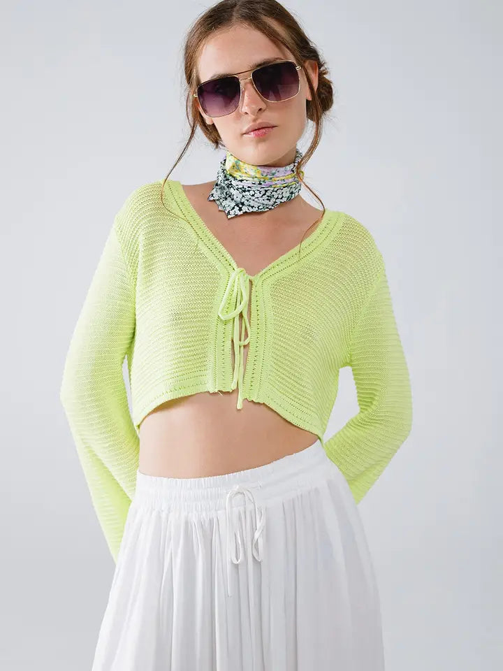 Long Bell Sleeve Knitted Cardigan in Lime Green with Knot Detail-Cardigan-Q2-One Size-Green-Urbanheer
