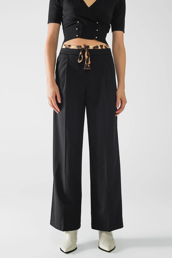 Long Black Pleated Pants with Leopard Detail At the Waist-Pants-Q2-S-Black-Urbanheer