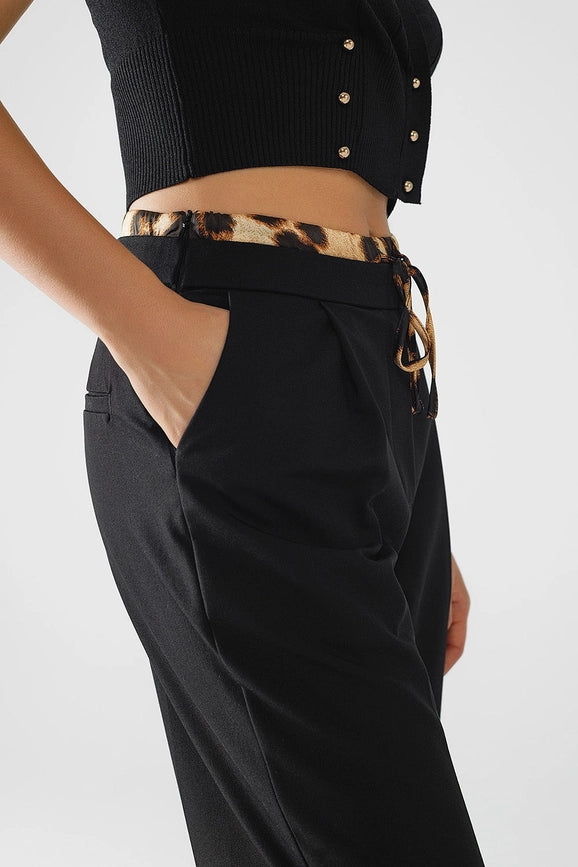 Long Black Pleated Pants with Leopard Detail At the Waist-Pants-Q2-S-Black-Urbanheer