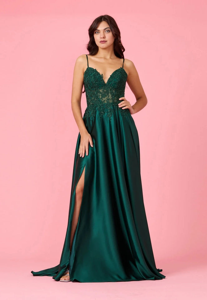 Long Chiffon Lace Illusion Formal Prom Dress-Dress-Dylan & Davids-4-Emerald Green-Urbanheer