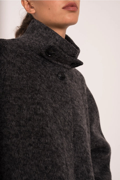Long Coat with A Stand-Up Collar, Thick Wool Blend, Hand-Stitched