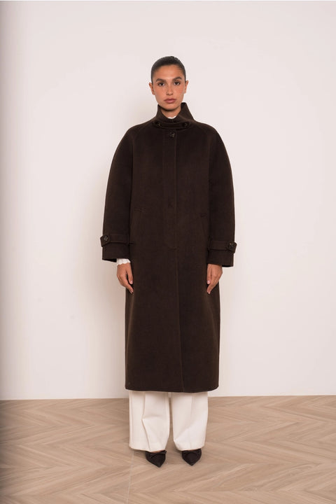 Long Coat with A Stand-Up Collar, Thick Wool Blend, Hand-Stitched