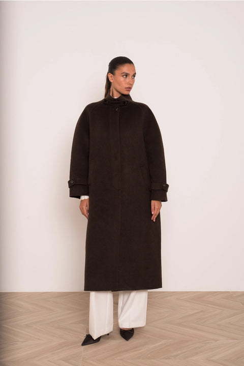 Long Coat with A Stand-Up Collar, Thick Wool Blend, Hand-Stitched