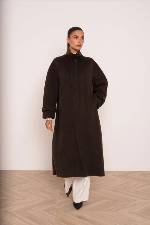 Long Coat with A Stand-Up Collar, Thick Wool Blend, Hand-Stitched