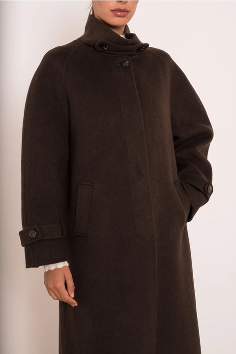Long Coat with A Stand-Up Collar, Thick Wool Blend, Hand-Stitched