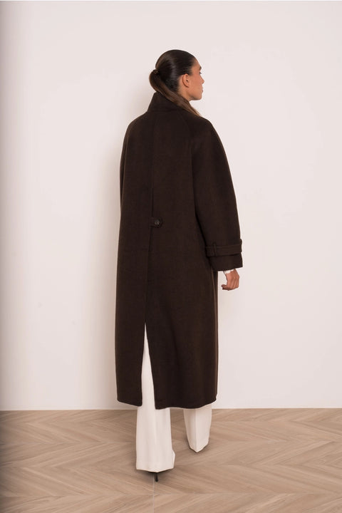 Long Coat with A Stand-Up Collar, Thick Wool Blend, Hand-Stitched