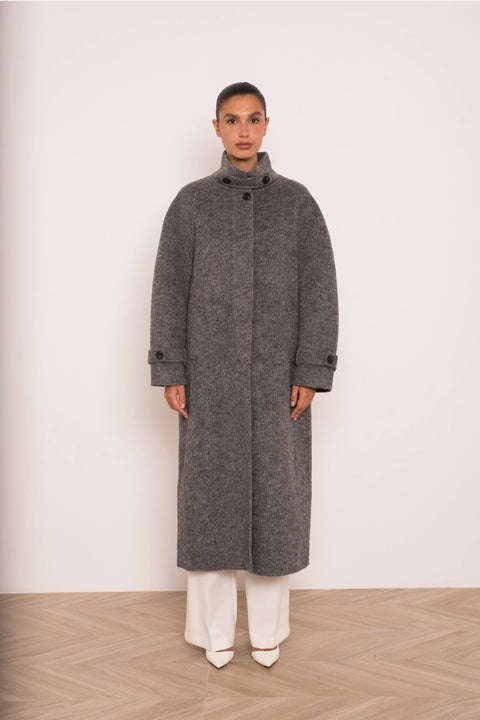 Long Coat with A Stand-Up Collar, Thick Wool Blend, Hand-Stitched