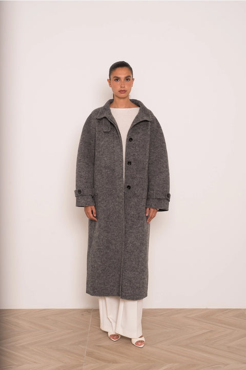 Long Coat with A Stand-Up Collar, Thick Wool Blend, Hand-Stitched