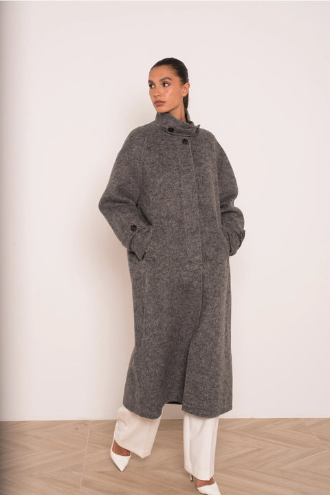 Long Coat with A Stand-Up Collar, Thick Wool Blend, Hand-Stitched