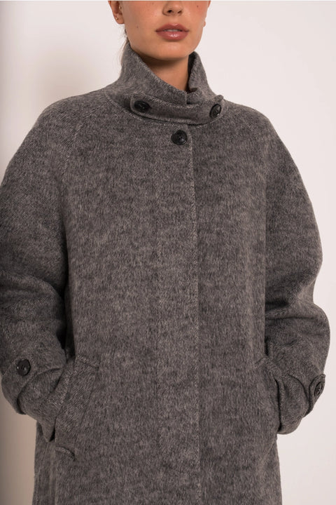 Long Coat with A Stand-Up Collar, Thick Wool Blend, Hand-Stitched
