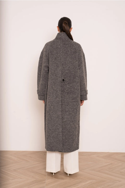 Long Coat with A Stand-Up Collar, Thick Wool Blend, Hand-Stitched
