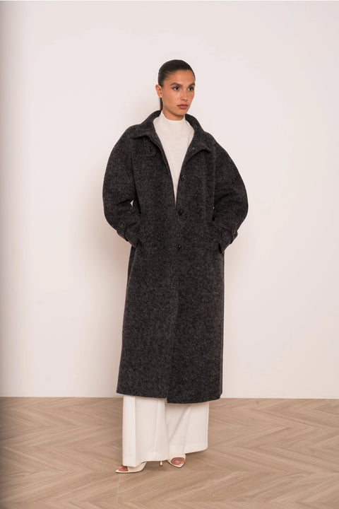 Long Coat with A Stand-Up Collar, Thick Wool Blend, Hand-Stitched