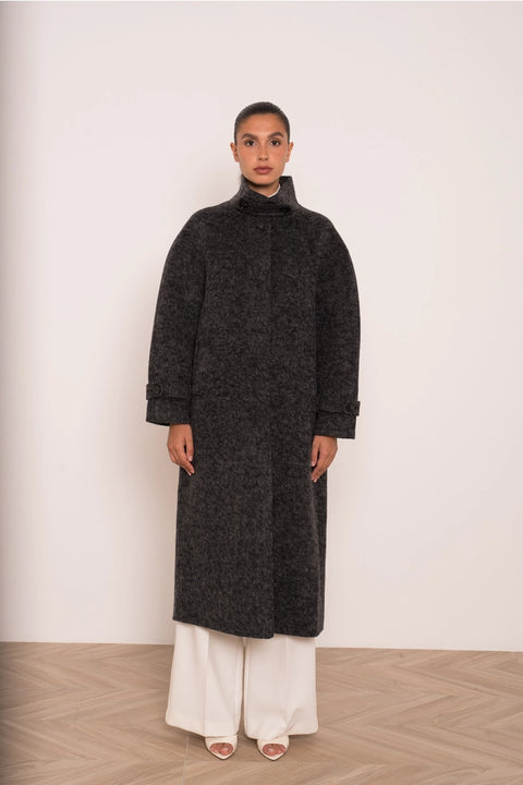 Long Coat with A Stand-Up Collar, Thick Wool Blend, Hand-Stitched