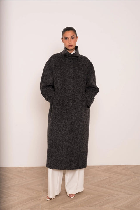 Long Coat with A Stand-Up Collar, Thick Wool Blend, Hand-Stitched