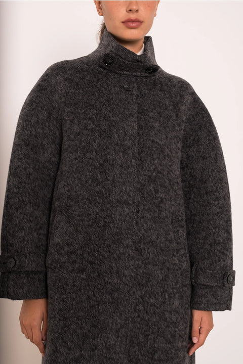 Long Coat with A Stand-Up Collar, Thick Wool Blend, Hand-Stitched