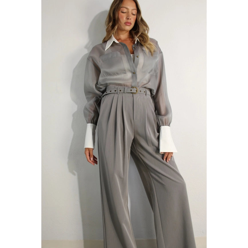 Long Contrast Cuff Sheer Top and Pants Set-Set-Mulla-S-GREY-Urbanheer