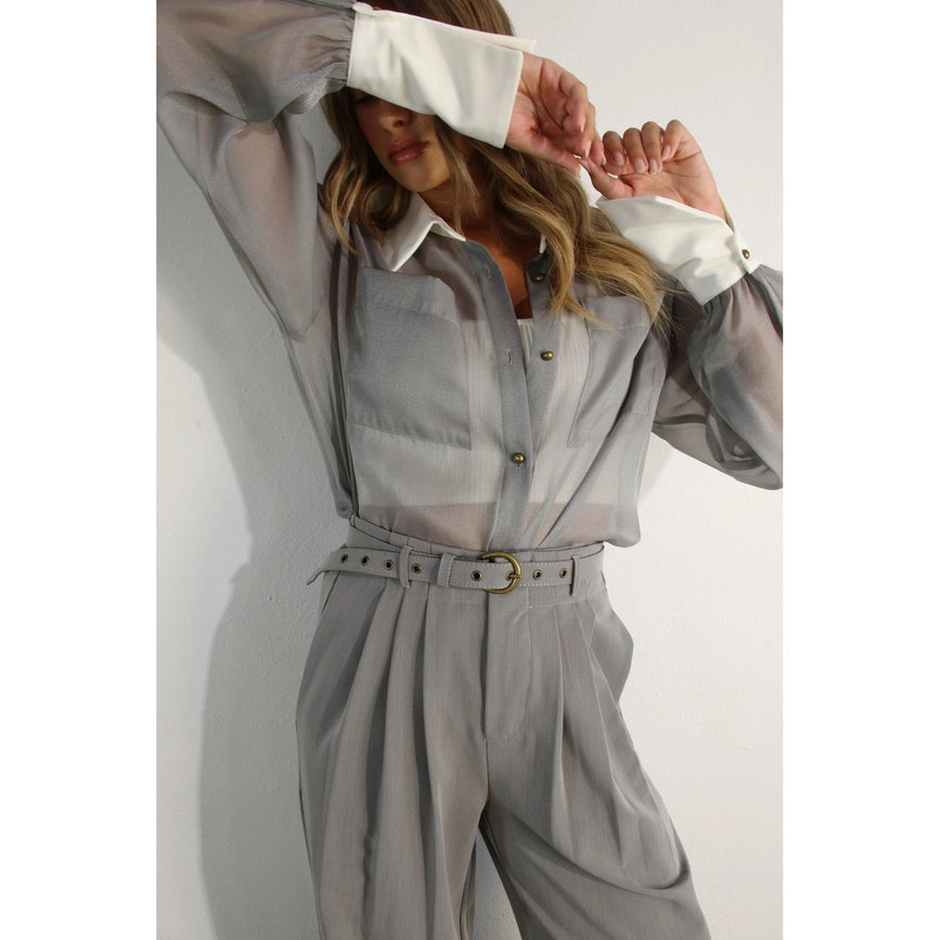 Long Contrast Cuff Sheer Top and Pants Set-Set-Mulla-S-GREY-Urbanheer