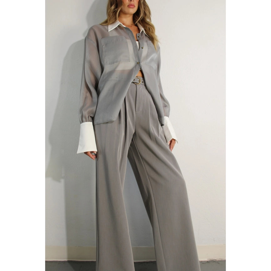 Long Contrast Cuff Sheer Top and Pants Set-Set-Mulla-S-GREY-Urbanheer