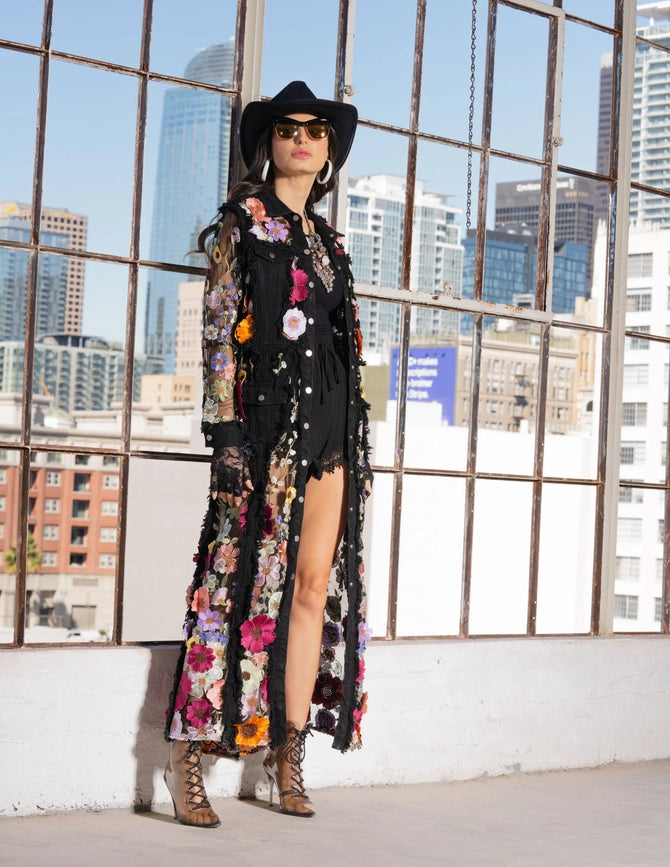 Long Denim Embroidered Duster Jacket-Jacket-Adore-S-Urbanheer