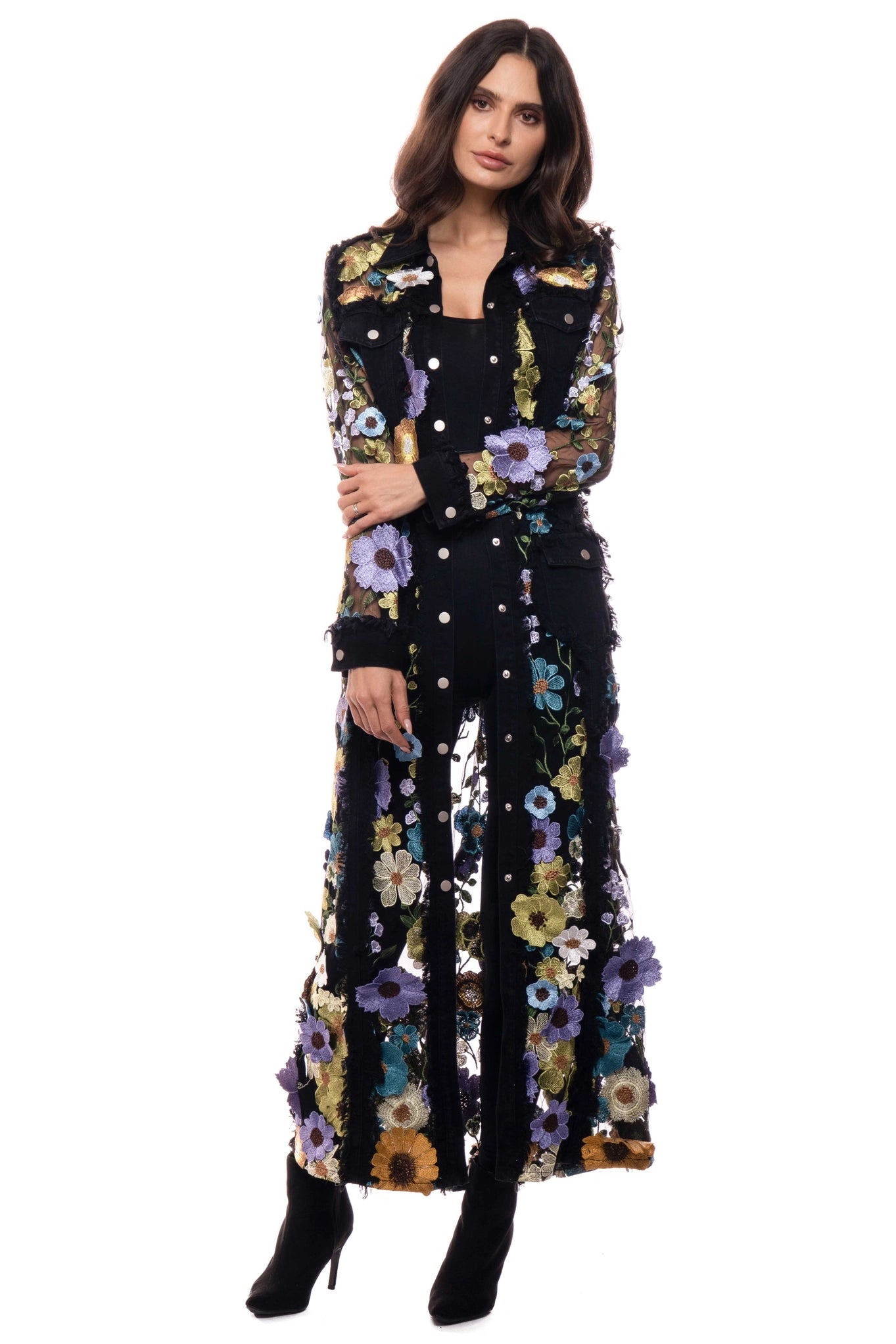 Long Denim Embroidered Duster Jacket