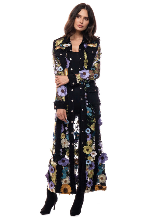 Long Denim Embroidered Duster Jacket