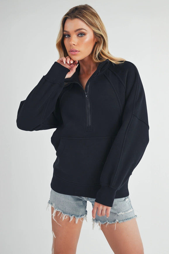 Long Dove Funnel Neck Half Zip Black-Pullover-AEMI + CO-S-Urbanheer