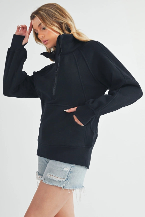 Long Dove Funnel Neck Half Zip Black-Pullover-AEMI + CO-S-Urbanheer