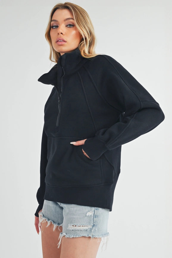 Long Dove Funnel Neck Half Zip Black-Pullover-AEMI + CO-S-Urbanheer