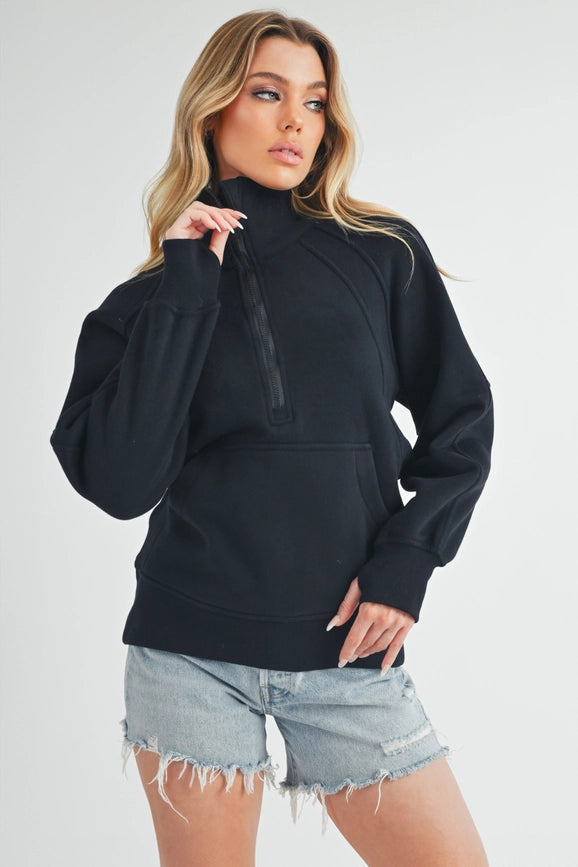 Long Dove Funnel Neck Half Zip Black-Pullover-AEMI + CO-S-Urbanheer