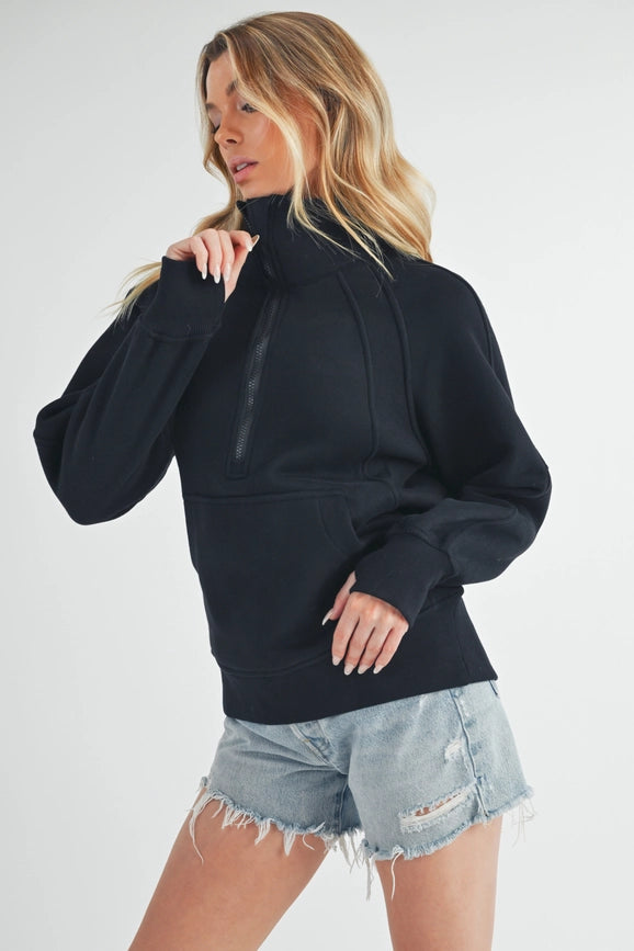 Long Dove Funnel Neck Half Zip Black-Pullover-AEMI + CO-S-Urbanheer