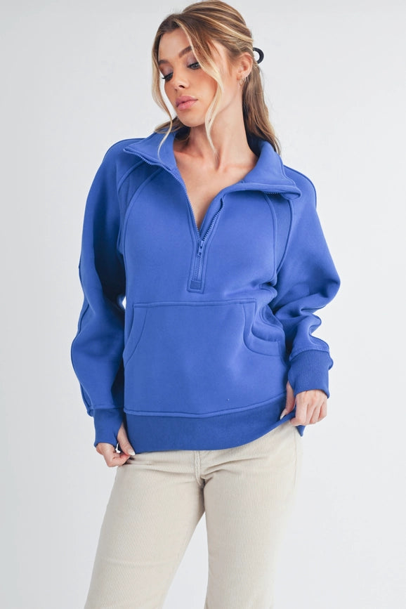 Long Dove Funnel Neck Half Zip Cobalt-Pullover-AEMI + CO-S-Urbanheer