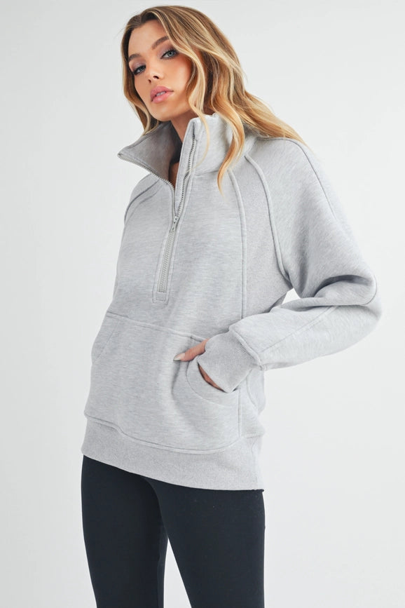 Long Dove Funnel Neck Half Zip Heather Gray-Pullover-AEMI + CO-S-Urbanheer